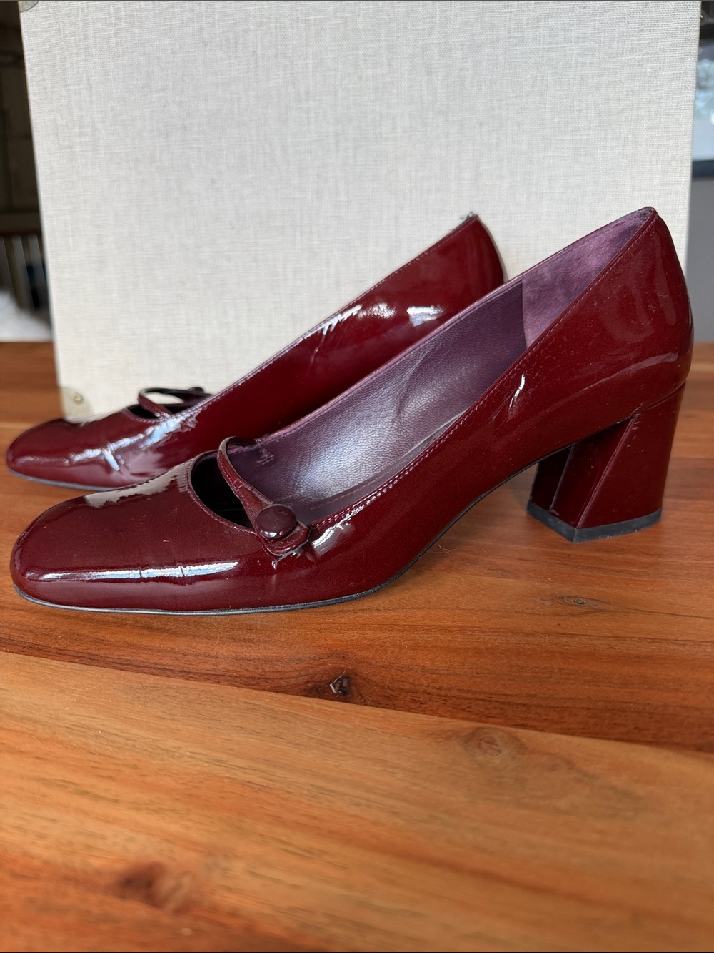 Stuart Weitzman Burgundy Patent Mary Jane Block Heel Pumps